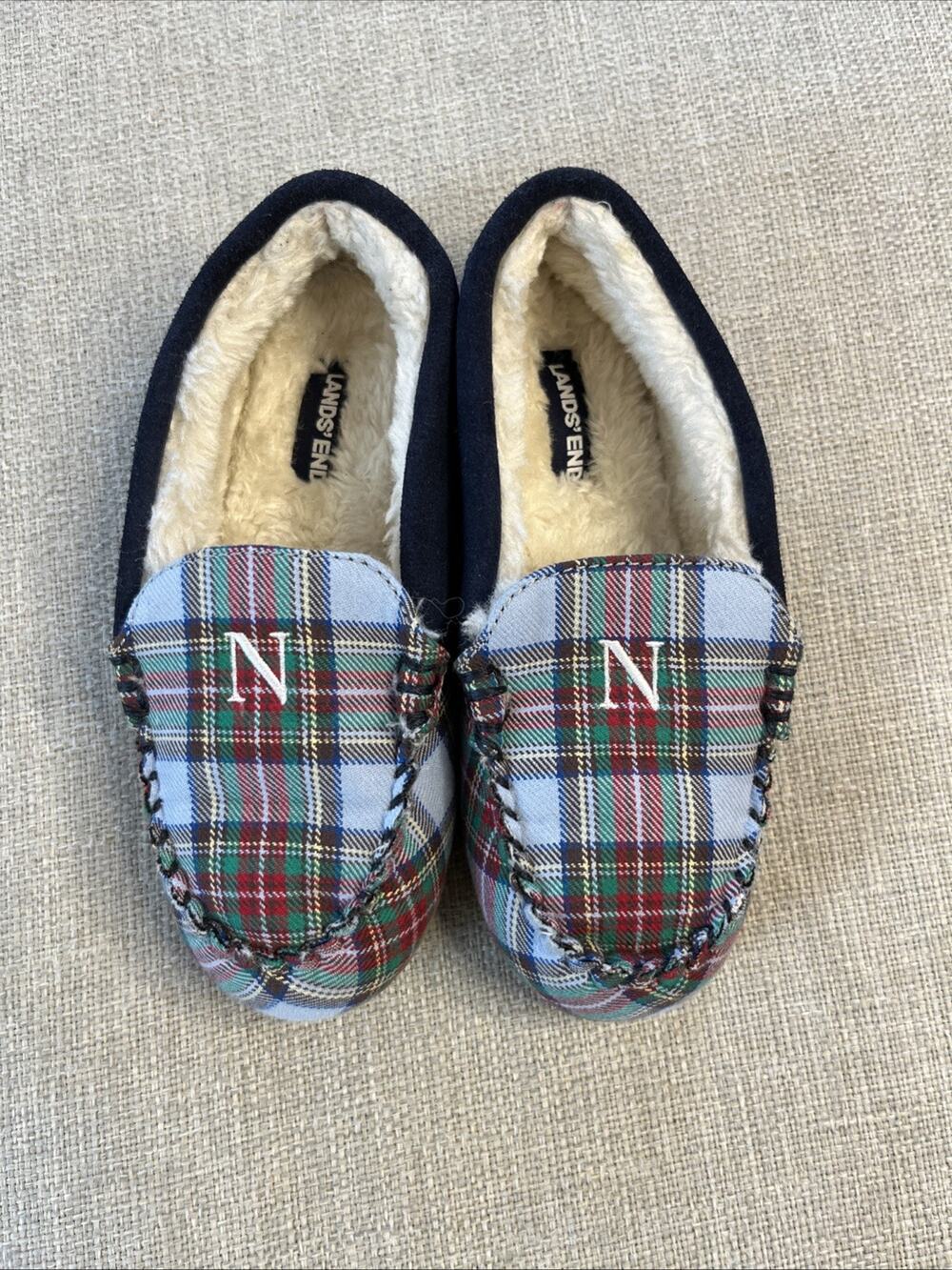Lands' End Size 1 Childs Suede Slippers Moccasin Navy Blue Faux Fur Monogram “N”